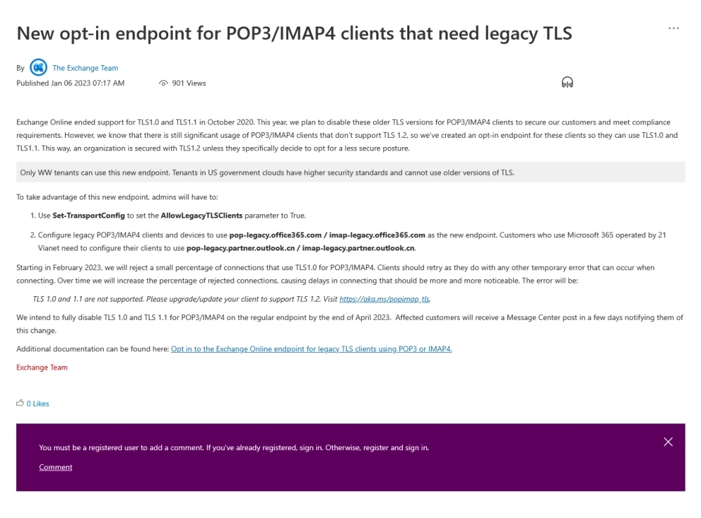 Exchange Online下月终止为 POP3和 IMAP4 提供TLS 1.0/1.1 支持